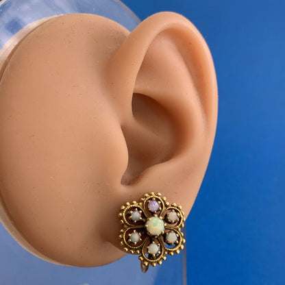 Vintage 14K Yellow Gold Opal Flower Cluster Screw Back Earrings