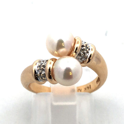 Designer AV 14K Yellow Gold Round Pearl Diamond Accent Statement Bypass Ring