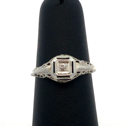 Vintage Art Deco 14K White Gold Round Diamond Filigree Square Engagement Ring