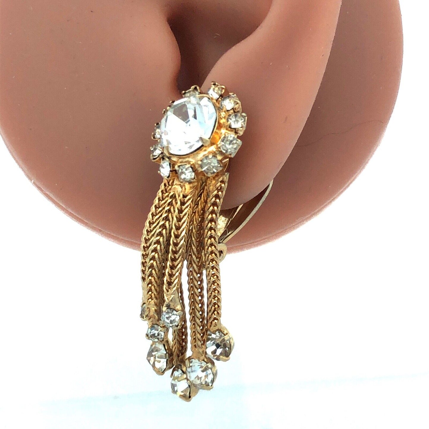 Mid Century Gold Tone Rhinestone Mesh Chain Statement Brooch Earrings 3 Pc Set