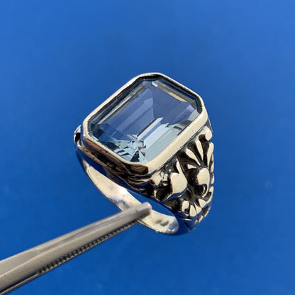 Estate Sterling Silver Emerald Cut Blue Topaz Scroll Floral Vine Cocktail Ring