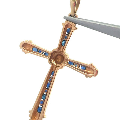 Designer 14K Yellow Gold Blue Sapphire Religious Easter Statement Cross Pendant
