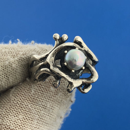 Modernist Artisan 925 Sterling Silver Pearl Free Form Open Work Ring