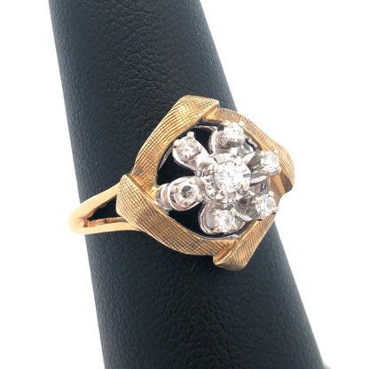 Designer OFA 14k Yellow Gold Round Cut Diamond Cluster Openwork Ring Size 6.25