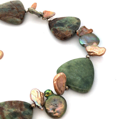 Vintage 925 Sterling Silver Green Jasper Baroque Pearl Necklace Earrings Set