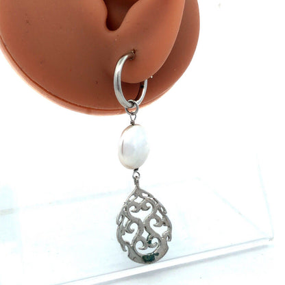 925 Sterling Silver Round Filigree Pearl Dangle Hoop Earrings