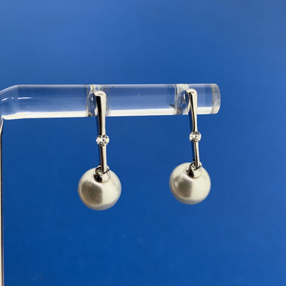 Modernist 14K White Gold Pearl Cubic Zirconia Dangle Drop Stud Earrings