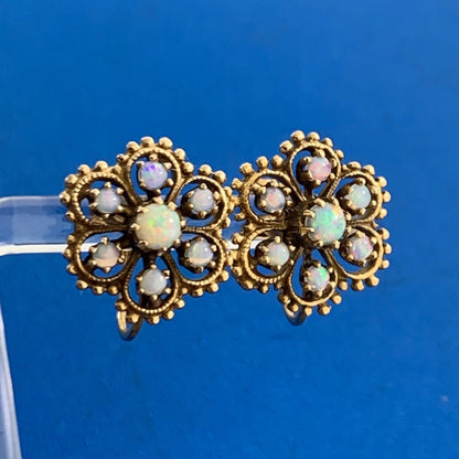 Vintage 14K Yellow Gold Opal Flower Cluster Screw Back Earrings