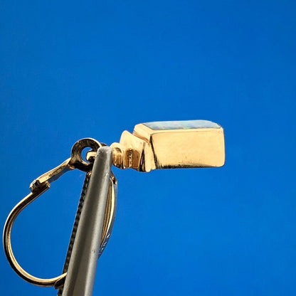 Retro Designer 14K Yellow Gold Rectangle Cabochon Opal Dangle LeverBack Earrings