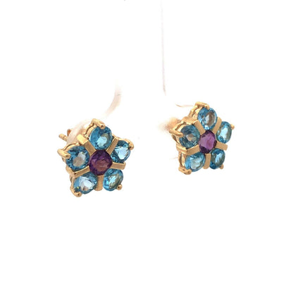 Estate 14K Yellow Gold Blue Topaz Amethyst Flower Statement Stud Earrings