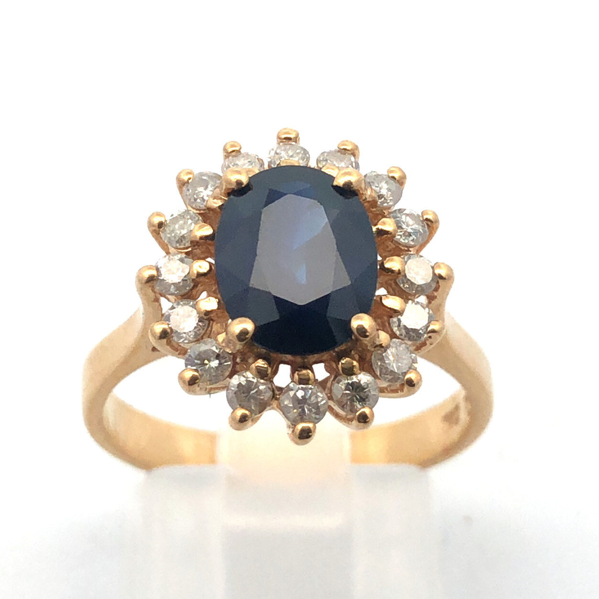 Designer 14K Yellow Gold Oval Blue Sapphire Diamond Halo Statement Cocktail Ring