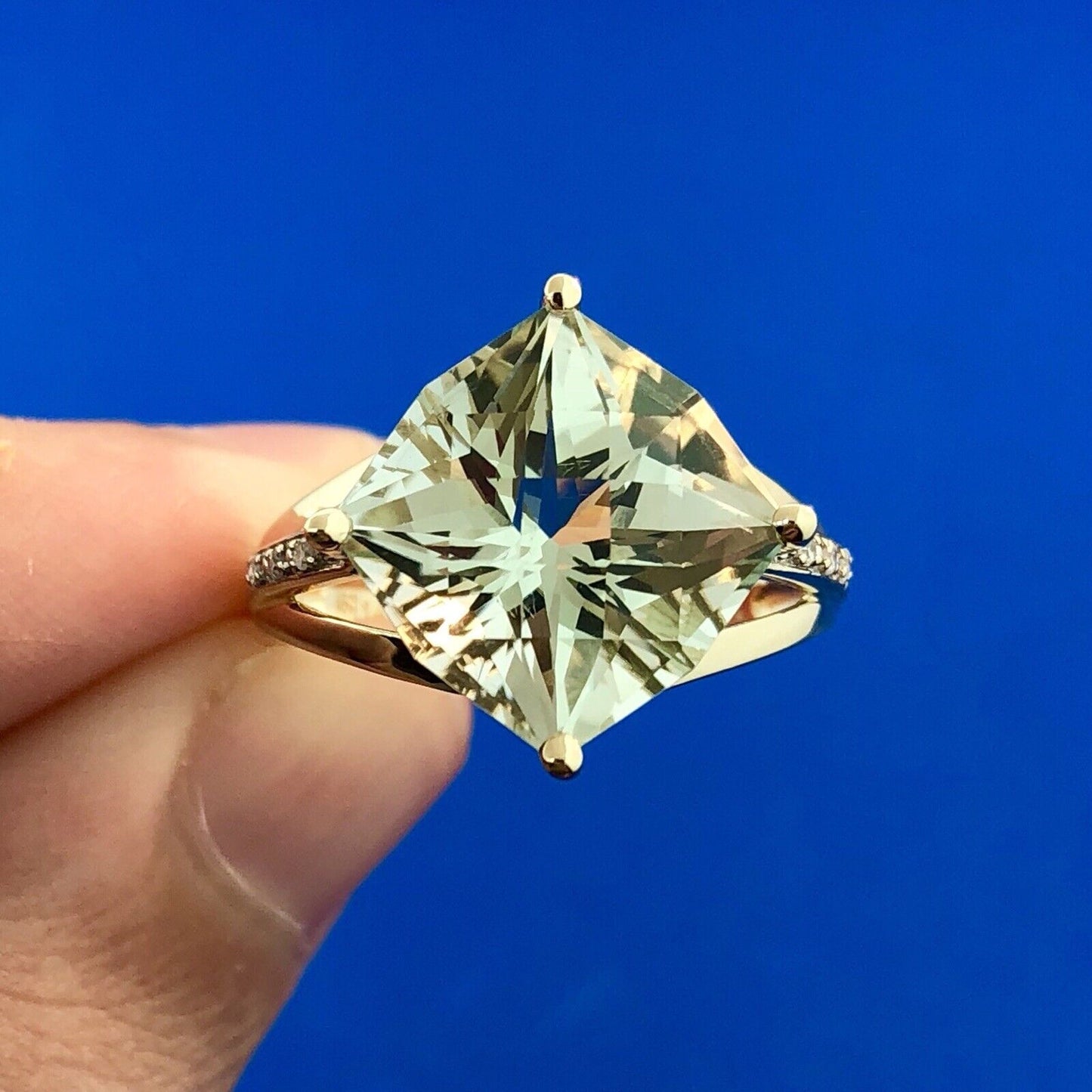 Designer 14K Yellow Gold Green Amethyst Prasiolite Diamond Accent Statement Ring