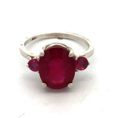 925 Sterling Silver Oval Ruby Solitaire Round Ruby Accented Cocktail Ring