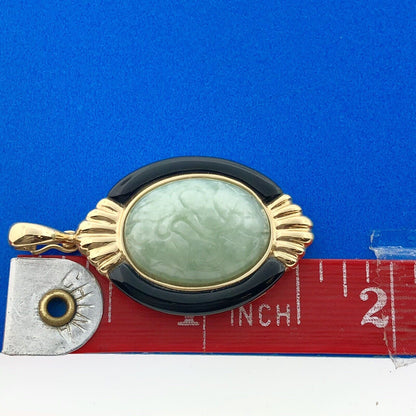 14K Yellow Gold Carved Jade Black Onyx Accented Oval Enhancer Pendant