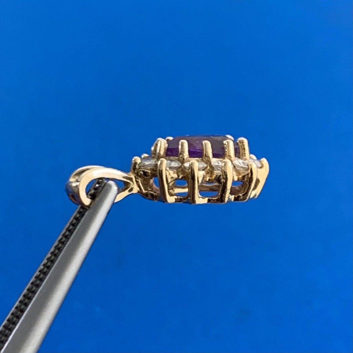 Vintage Designer 14K Yellow Gold Pear Amethyst Diamond Halo Teardrop Pendant