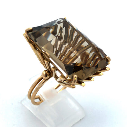 Retro 18K Yellow Gold Emerald Cut Smoky Topaz Statement Cocktail Finger Ring