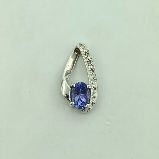 Designer 14K White Gold Oval Tanzanite Round Diamond Accented Pendant