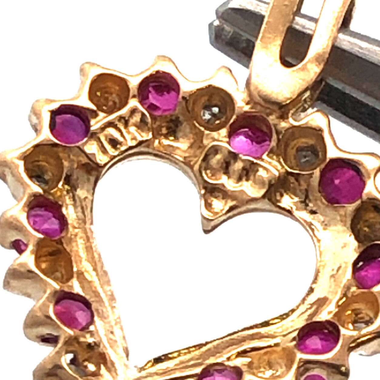 Designer CCC 10K Yellow Gold Round Ruby Diamond Cutout Love Heart Petite Pendant