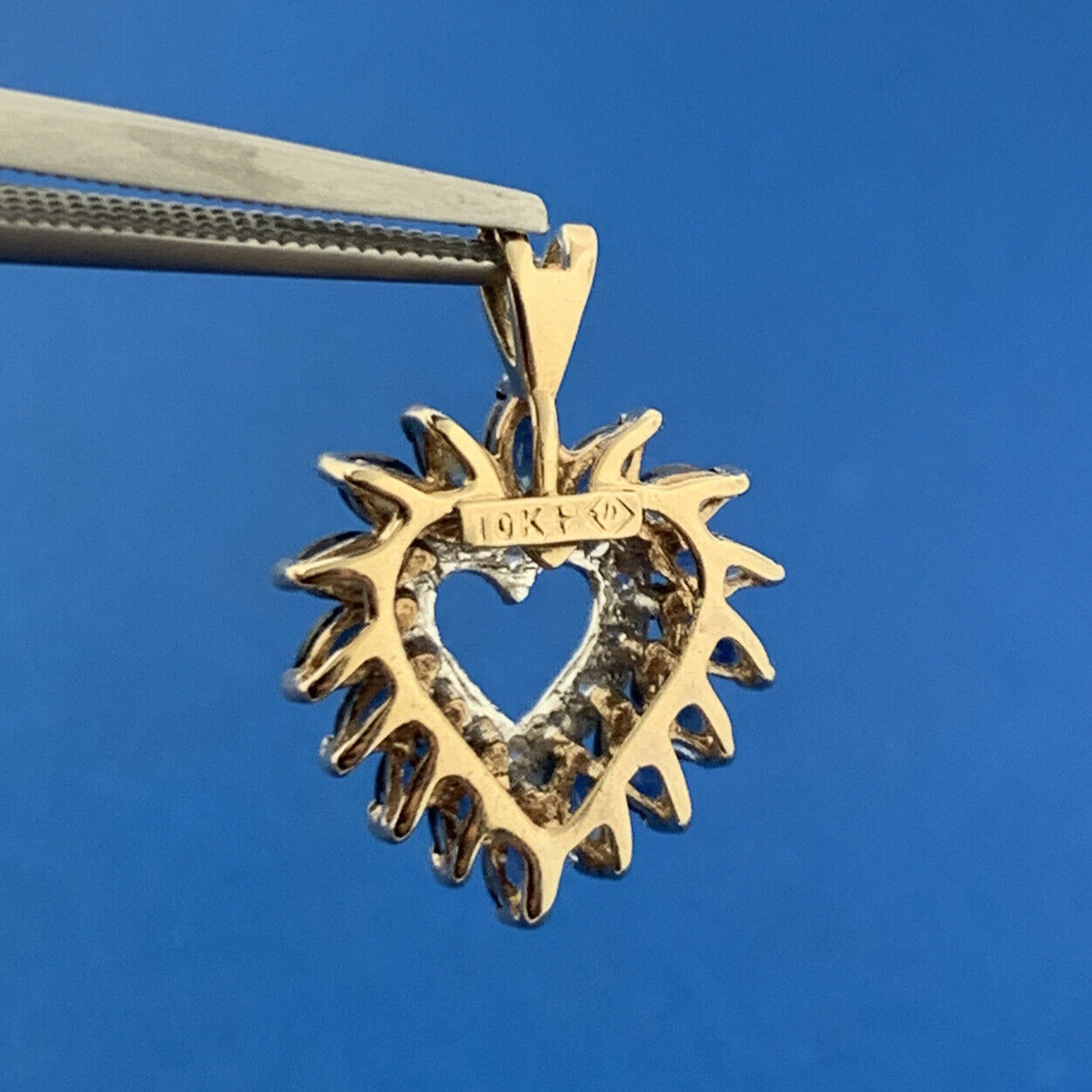 Designer 10k Yellow Gold Marquise Blue Sapphire Diamond Accent Heart Pendant