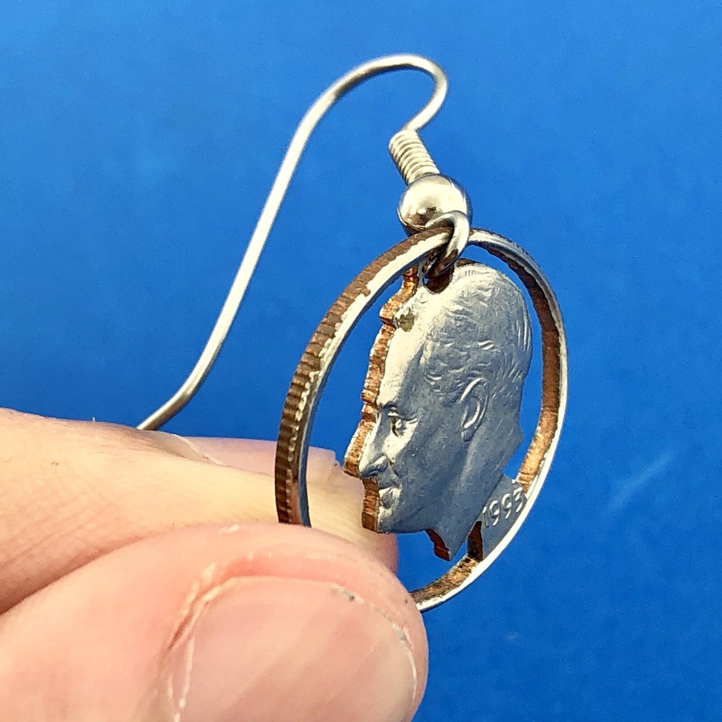 Estate Silver Tone Copper Nickel Roosevelt Dime Cutout Dangle Drop Earrings
