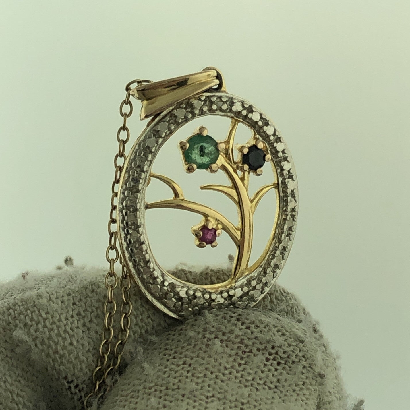 Sterling Silver Vermeil Two Tone Emerald Sapphire Ruby Mothers Pendant Necklace