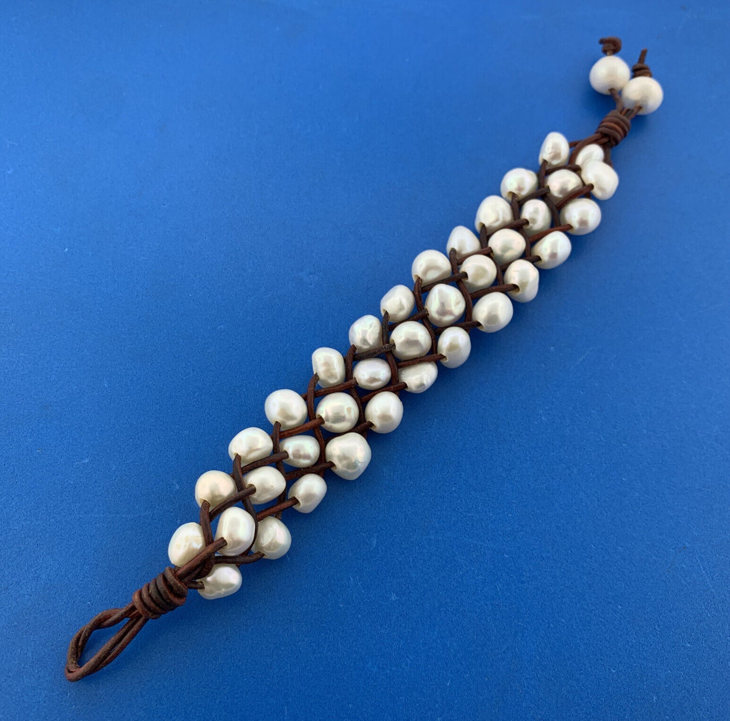 Artisan Braided Leather Three Strand Baroque Pearl Waterfall Toggle Bracelet