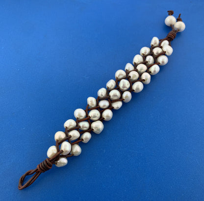 Artisan Braided Leather Three Strand Baroque Pearl Waterfall Toggle Bracelet