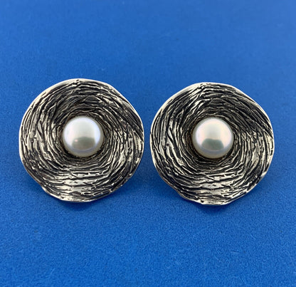 Designer HG Israel Sterling Silver 925 White Pearl Abstract Circle Stud Earrings