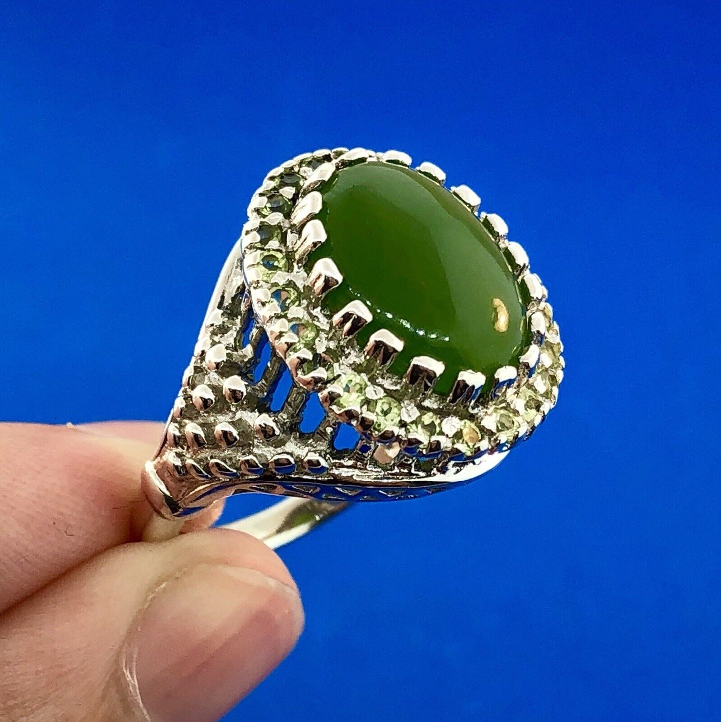 Retro 925 Sterling Silver Jade Jadeite Diamond Empire Statement Cocktail Ring