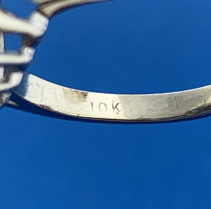 Designer 10K White Gold Blue Topaz Solitaire White Topaz Halo Anniversary Ring