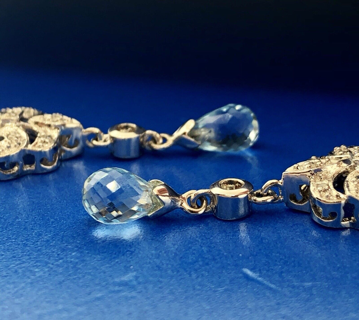 Designer EA Sterling Silver 925 Diamond Blue Topaz Fleur De Lis Drop Earrings