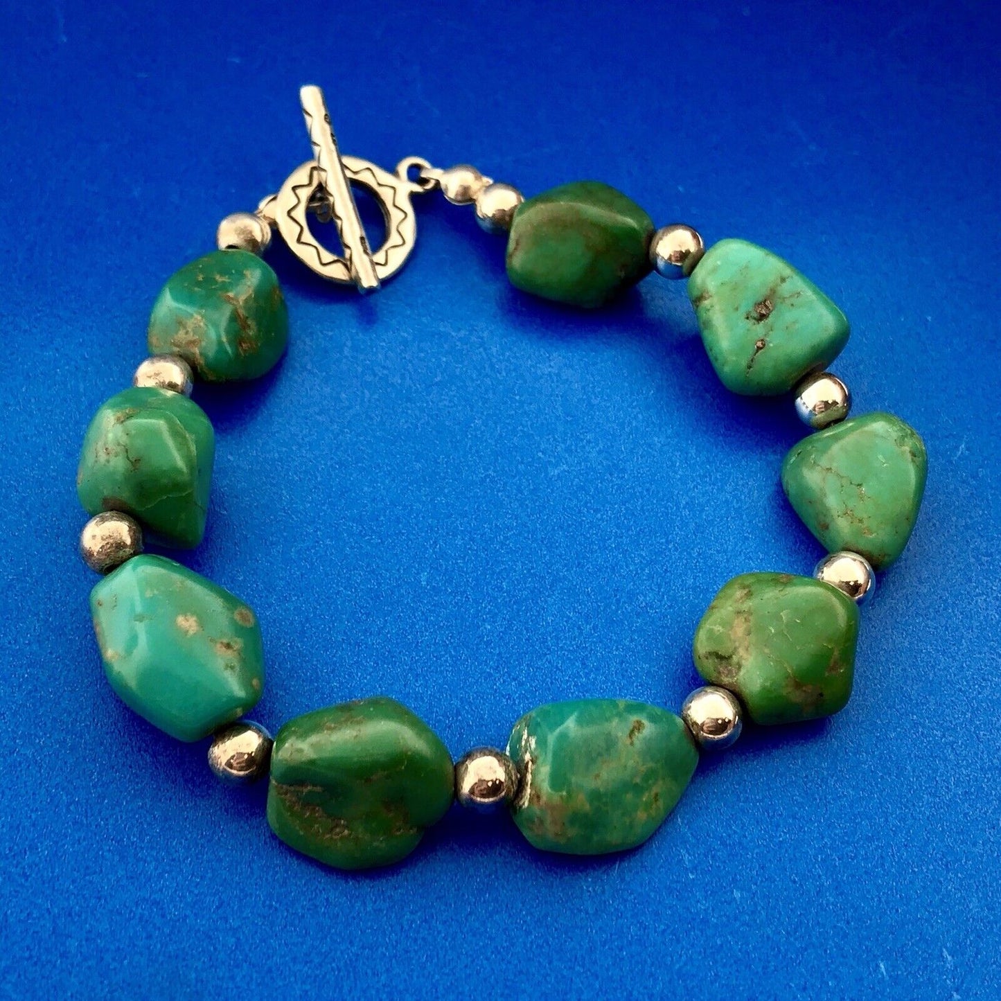 Native American Artisan Sterling Silver 925 Turquoise Chunky Toggle Bracelet