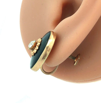 Antique Gold 12K Gold Filled Blace Onyx Rhinestone Brooch Earrings 3 Pc Set