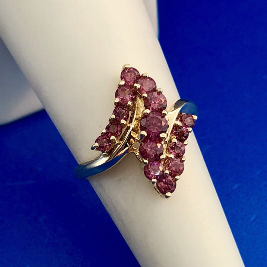 10K Yellow Gold Pink Tourmaline Bypass Cluster Cocktail Ring