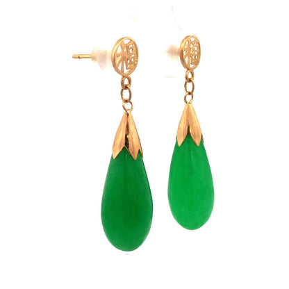 Vintage 14K Yellow Gold Teardrop Bright Green Jade Chinese Luck Dangle Earrings