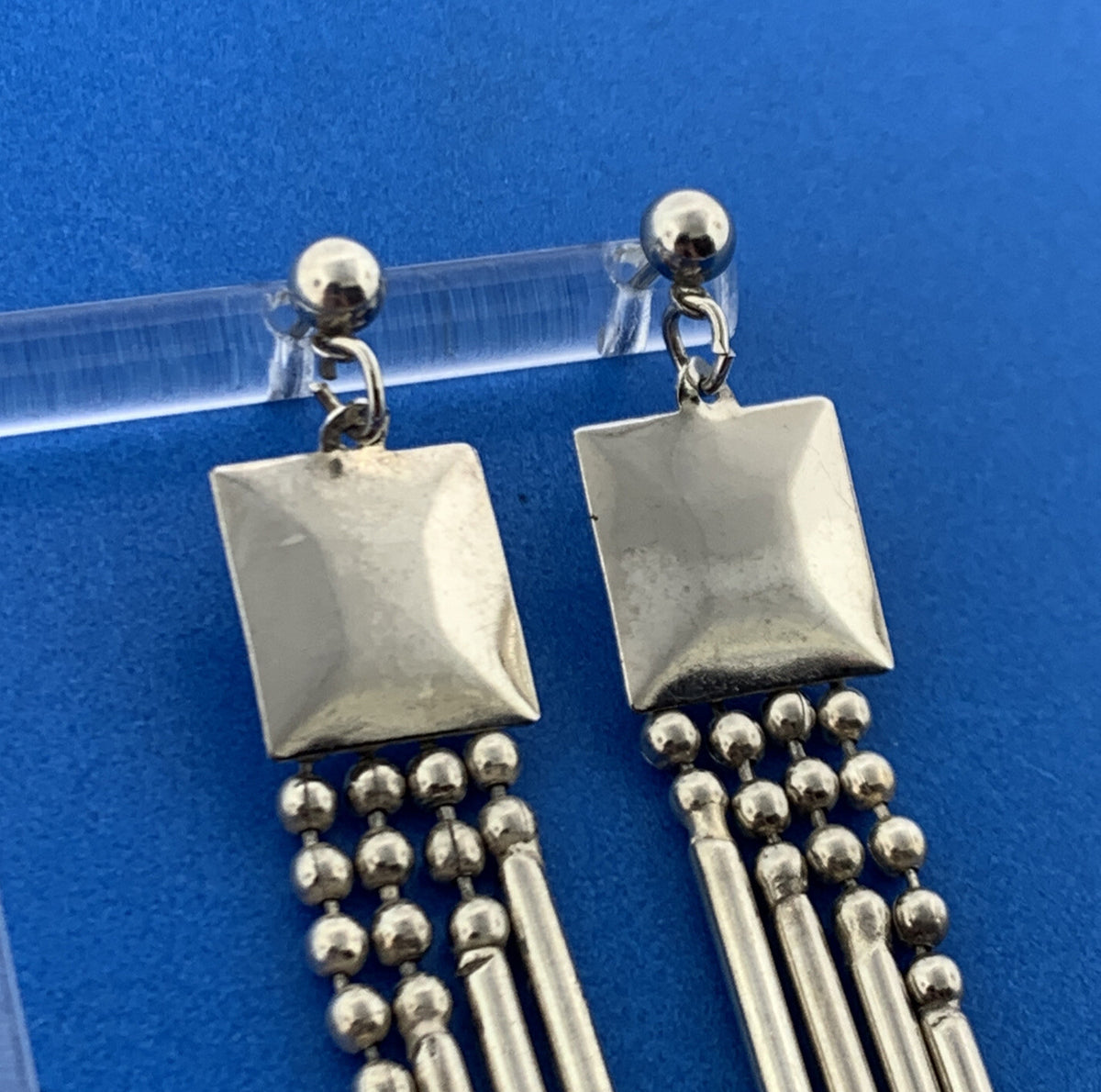 Stunning Silver Toned Metal Square Swinging Rods Stud Dangle Earrings