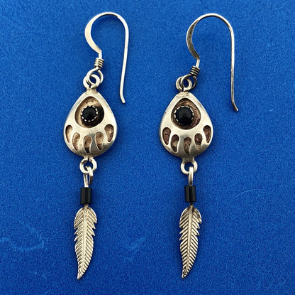 Estate Native American Sterling Silver Black Onyx Bear Paw Feather Drop Earrings