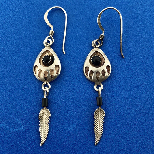 Estate Native American Sterling Silver Black Onyx Bear Paw Feather Drop Earrings