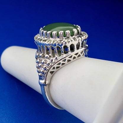 Retro 925 Sterling Silver Jade Jadeite Diamond Empire Statement Cocktail Ring