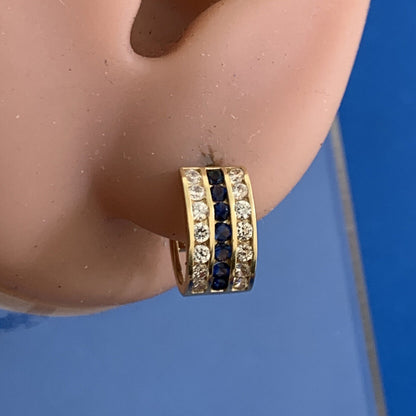 Designer JTS 14K Yellow Gold White Topaz Blue Sapphire Huggie Hoop Earrings