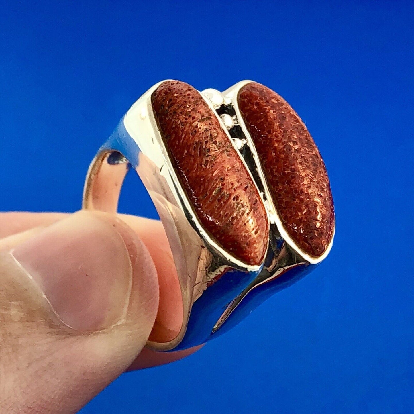 Designer CSX 925 Sterling Silver Red Coral Free Form Statement Double Dome Ring
