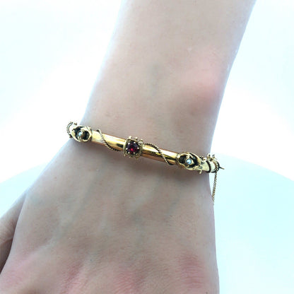 Art Nouveau Art Deco 14K Yellow Gold Garnet Seed Pearl Etruscan Bangle Bracelet