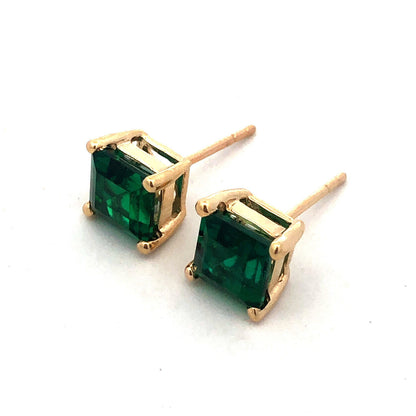 Designer 10K Yellow Gold Square Princess Cut Green Tourmaline Stud Earrings