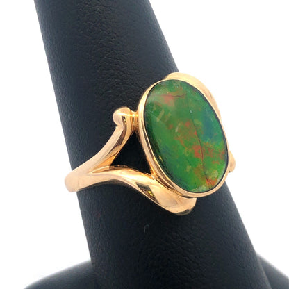 Modernist 14K Yellow Gold Orange Green Opal Oval Doublet Cocktail Ring