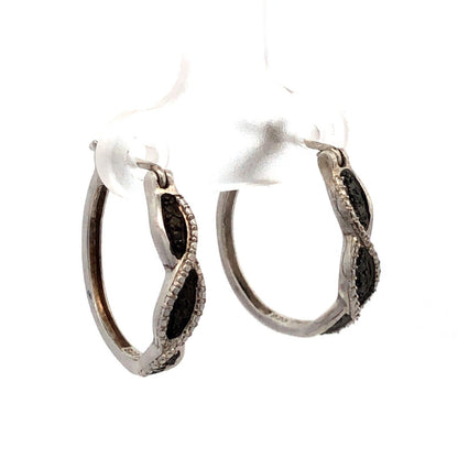 Designer 925 Sterling Silver Black Diamond Round Hoop Earrings