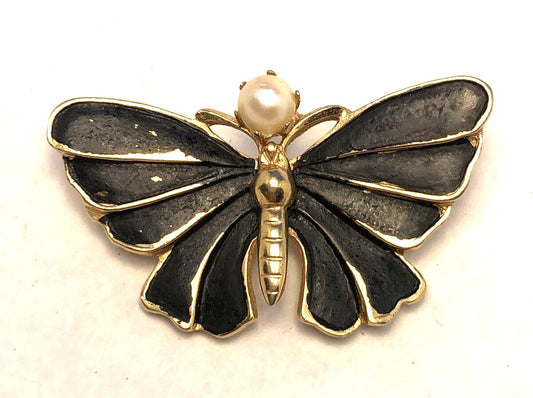 Vintage Designer Kramer Gold Tone Faux Pearl Black Enamel Moth Butterfly Brooch