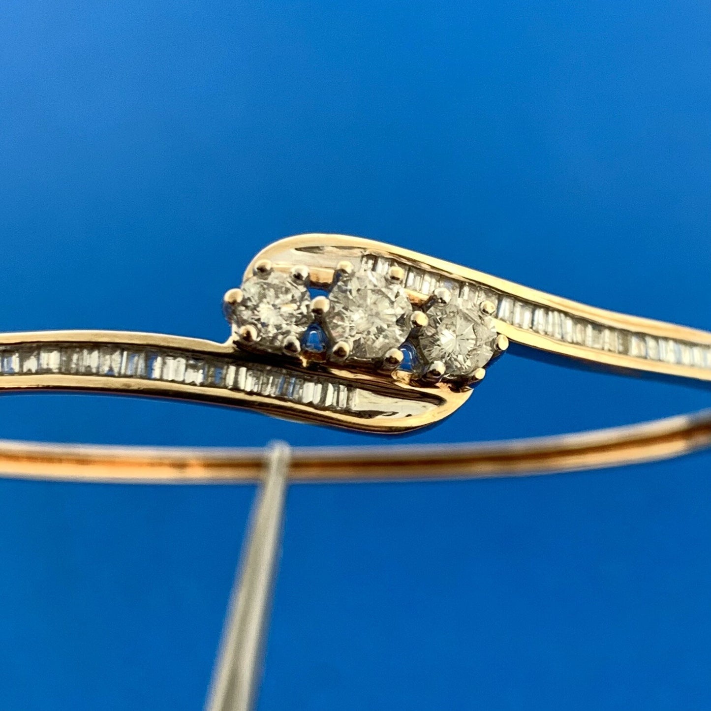 Designer 14K Yellow Gold Diamond Trio Baguette Accented Hinged Cuff Bracelet