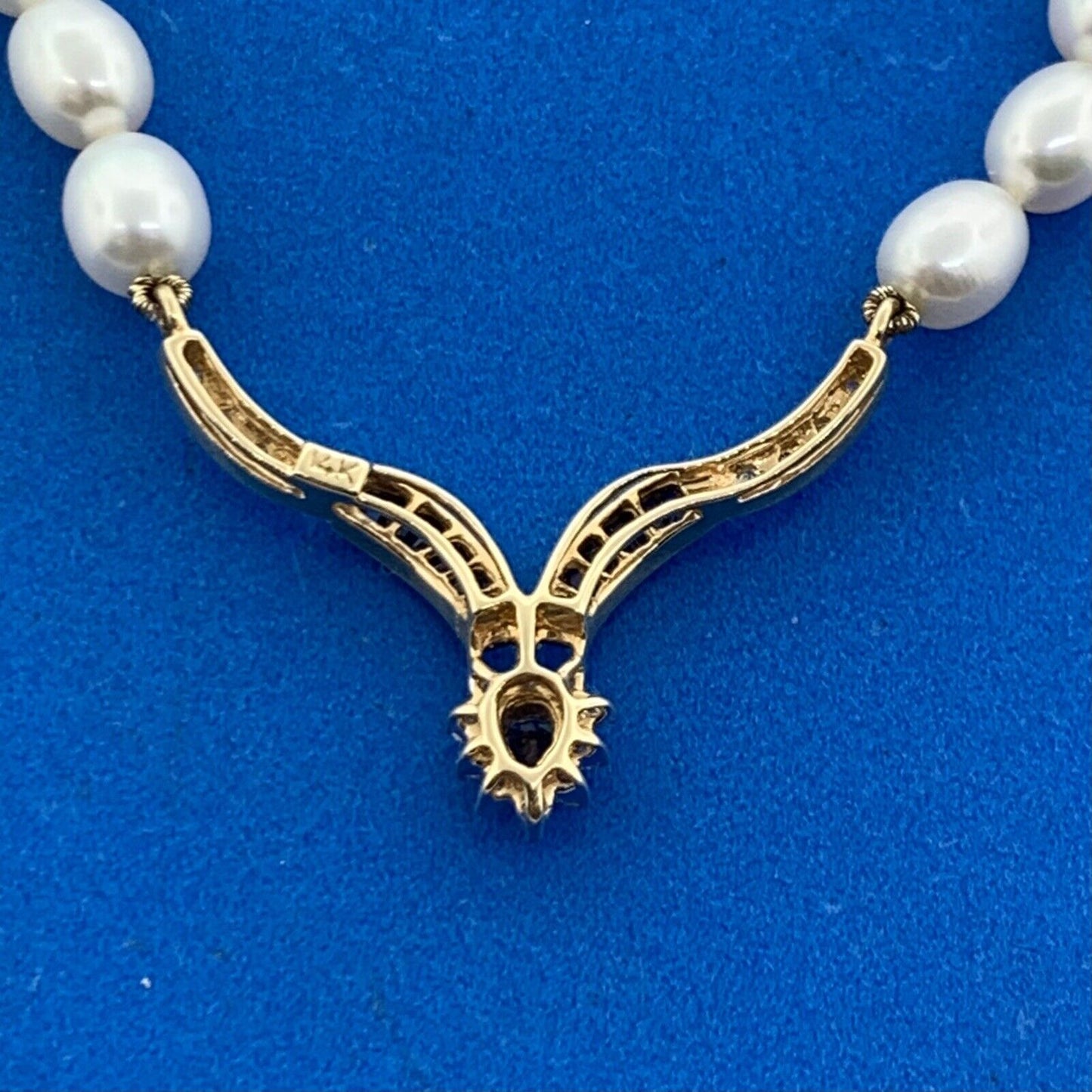 14K Yellow Gold Pearl Diamond Blue Sapphire Accented V Necklace