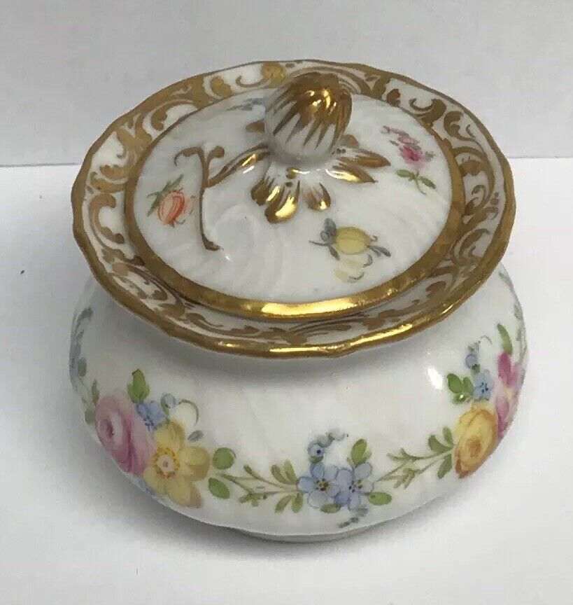 Vintage Dresden Hand Painted Gold Leaf Floral Lidded Cup/Pot No Saucer Inkwell