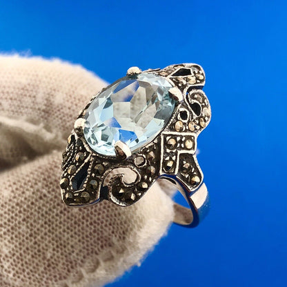 Estate 925 Sterling Silver Oval Blue Topaz Marcasite December Anniversary Ring